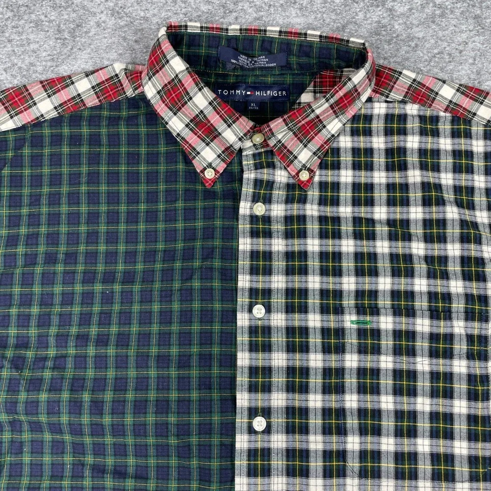 Vintage Tommy Hilfiger Shirt Mens XL Multicolor Plaid Colorblock Patchwork 90s